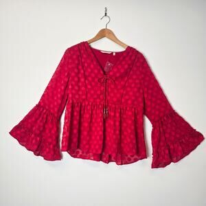 Soft Surroundings Red Swiss Dot V-Neck Blouse Bell Sleeve Boho Tassel Sz M NWOT